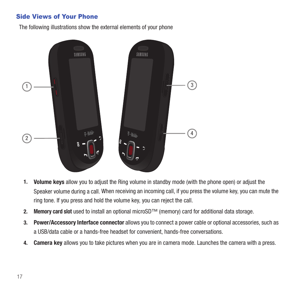 Side views of your phone | Samsung SGH-T359FBATMB User Manual | Page 20 / 156