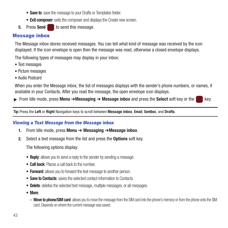 Message inbox | Samsung SGH-T359FBATMB User Manual | Page 46 / 156