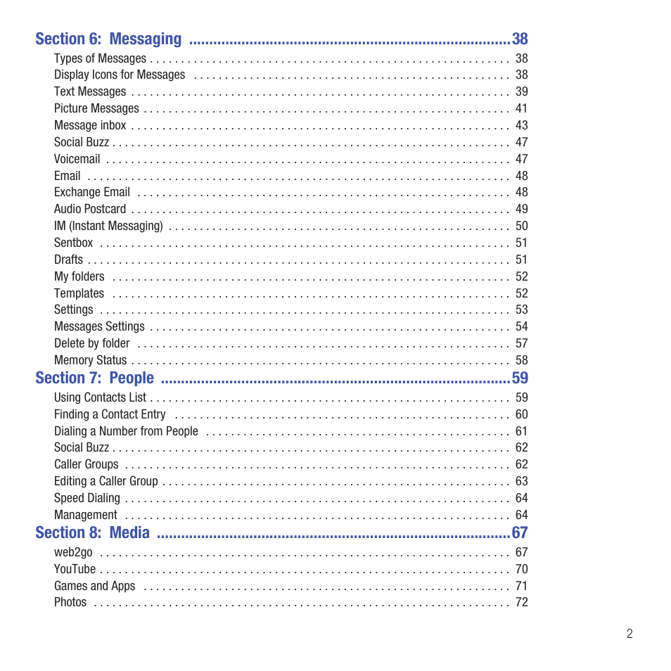 Section 6: messaging 38, Section 7: people 59, Section 8: media 67 | Samsung SGH-T359FBATMB User Manual | Page 5 / 156