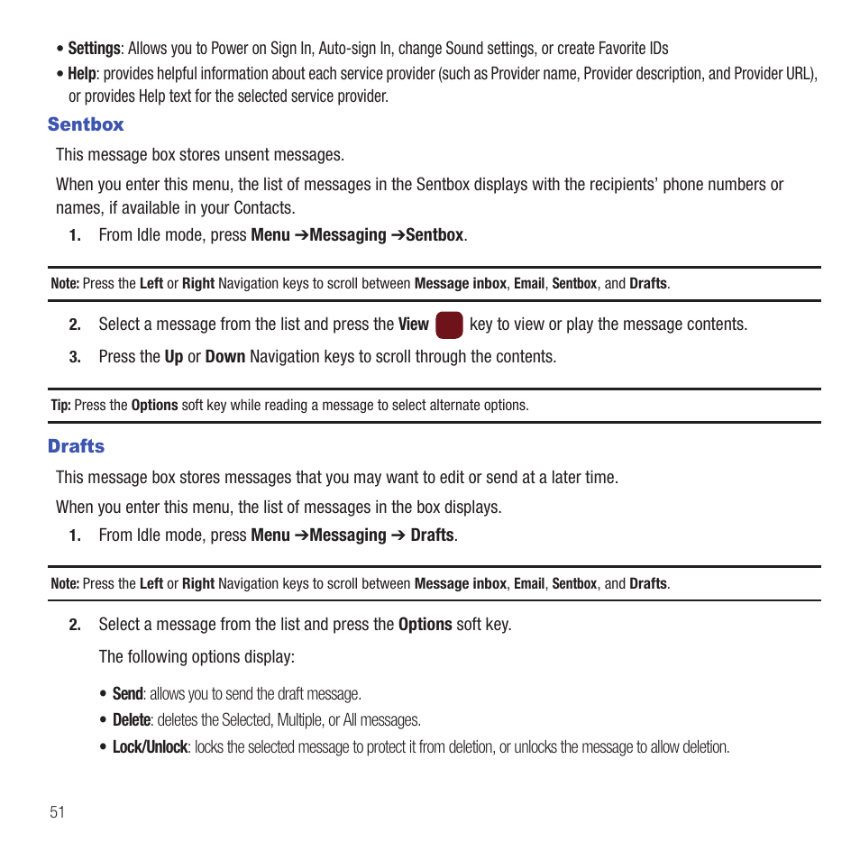 Sentbox, Drafts, Sentbox drafts | Samsung SGH-T359FBATMB User Manual | Page 54 / 156