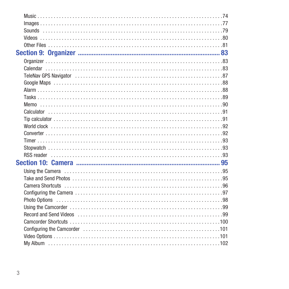 Section 9: organizer 83, Section 10: camera 95 | Samsung SGH-T359FBATMB User Manual | Page 6 / 156