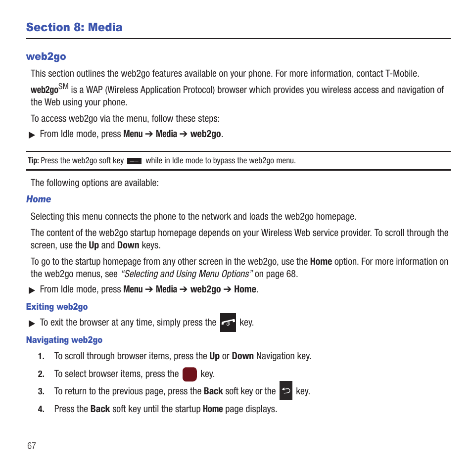 Section 8: media, Web2go | Samsung SGH-T359FBATMB User Manual | Page 70 / 156