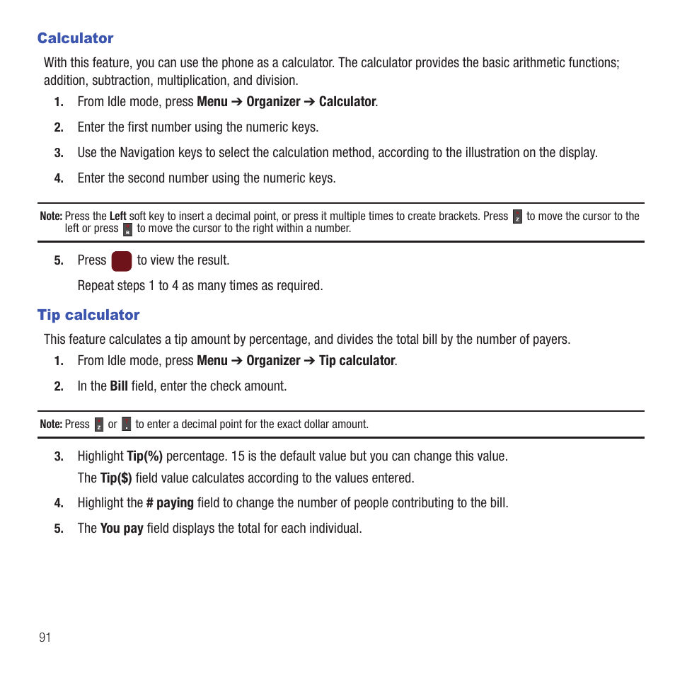 Calculator, Tip calculator, Calculator tip calculator | Samsung SGH-T359FBATMB User Manual | Page 94 / 156