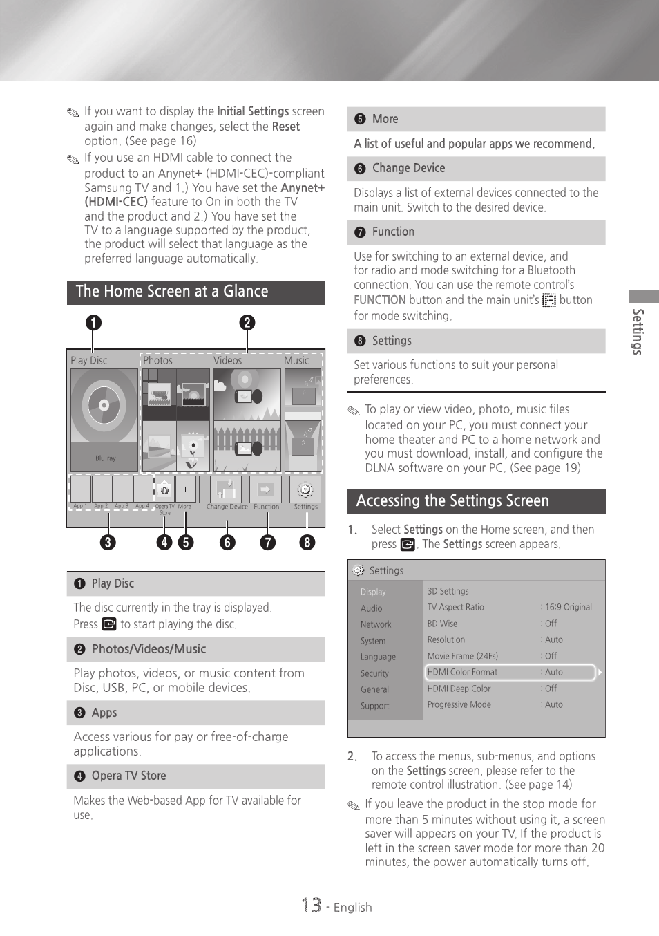 The home screen at a glance, Accessing the settings screen, Settings | Samsung HT-H4500-ZA User Manual | Page 13 / 43