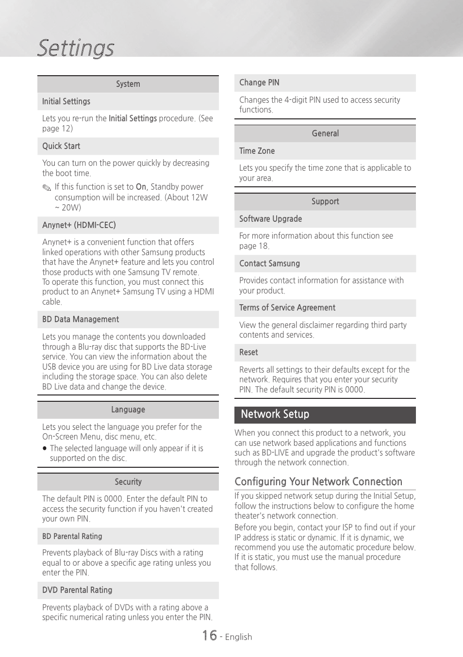 Network setup, 16 network setup, Settings | Samsung HT-H4500-ZA User Manual | Page 16 / 43