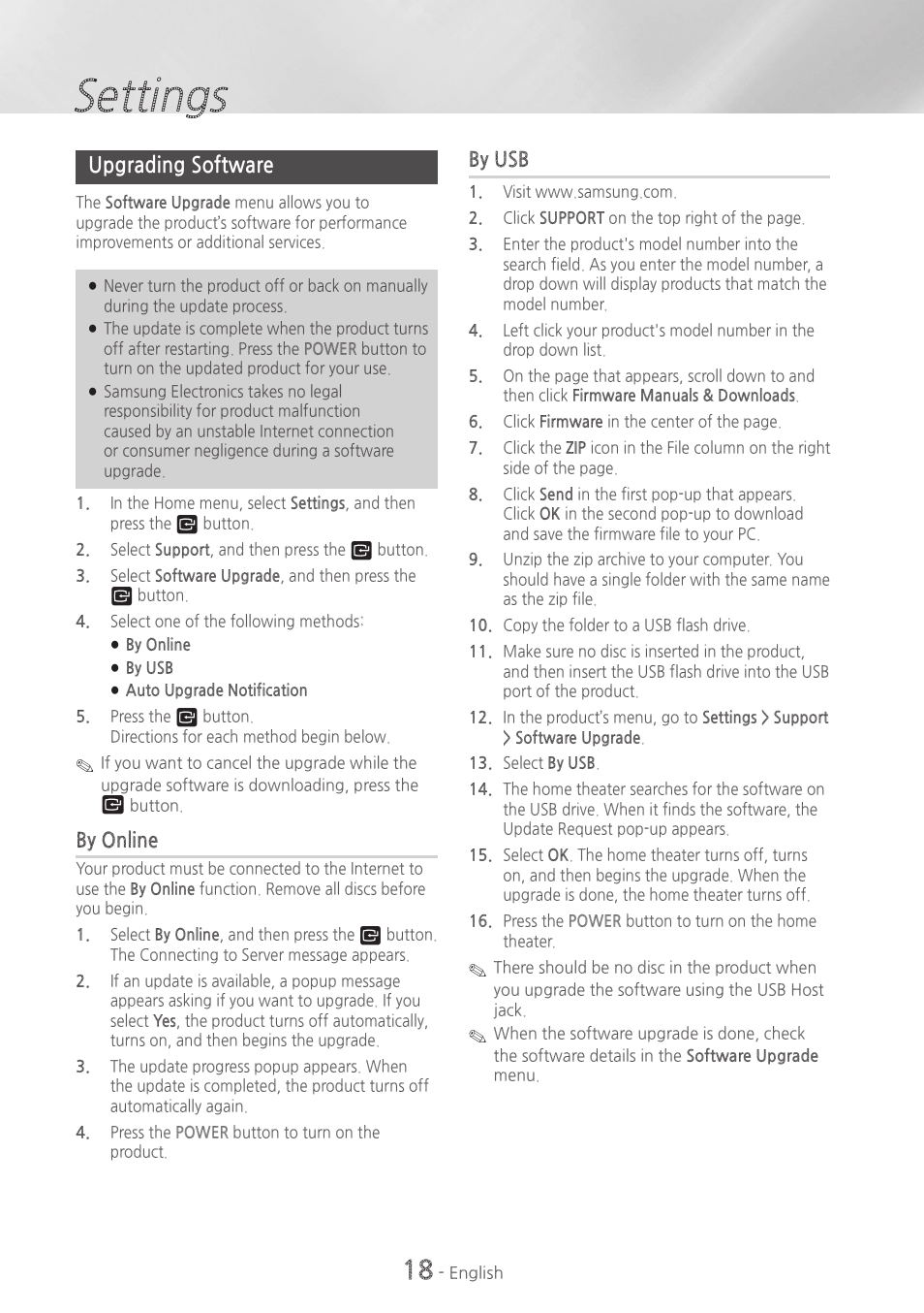 Upgrading software, 18 upgrading software, Settings | By online, By usb | Samsung HT-H4500-ZA User Manual | Page 18 / 43