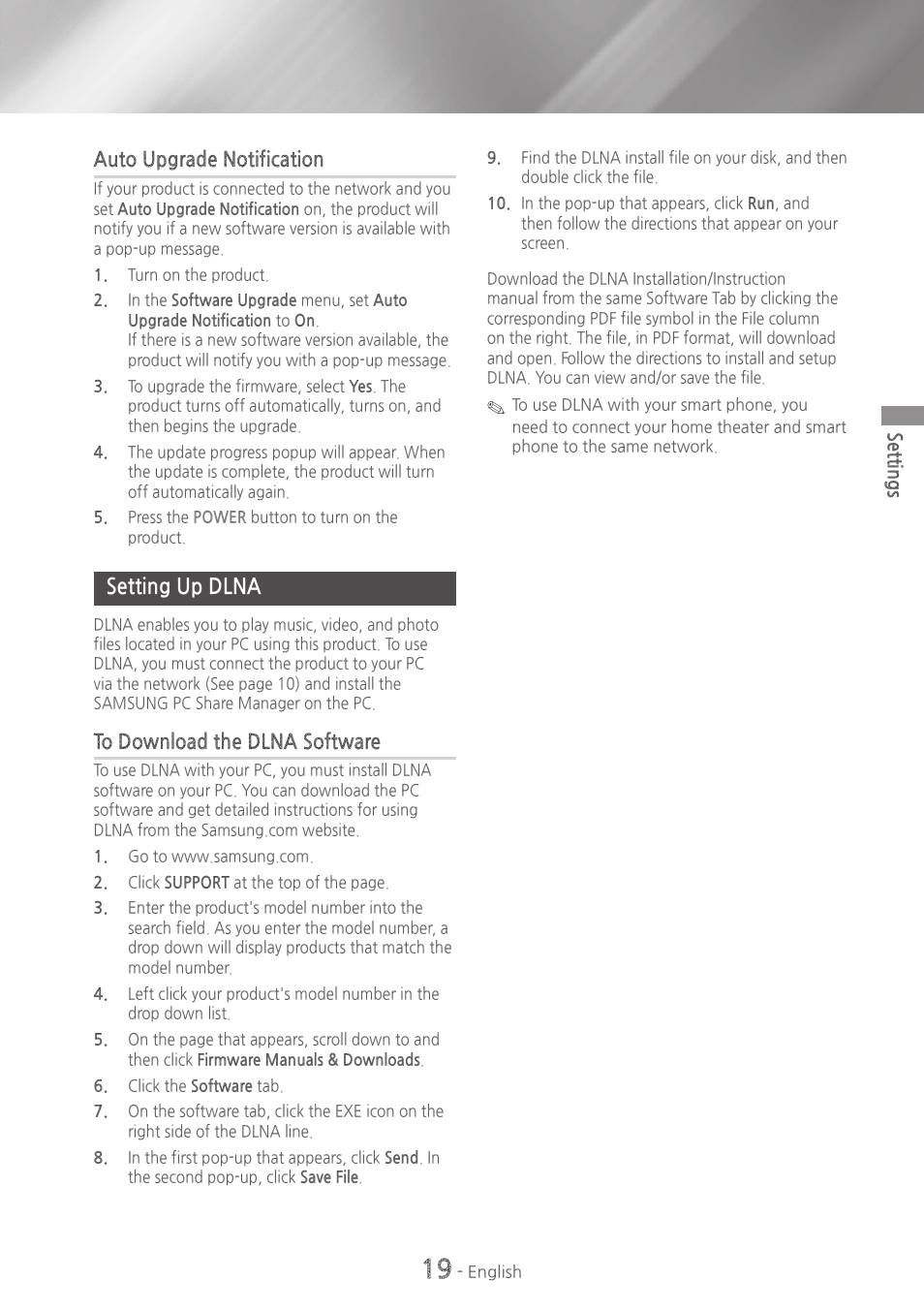Setting up dlna, 19 setting up dlna | Samsung HT-H4500-ZA User Manual | Page 19 / 43