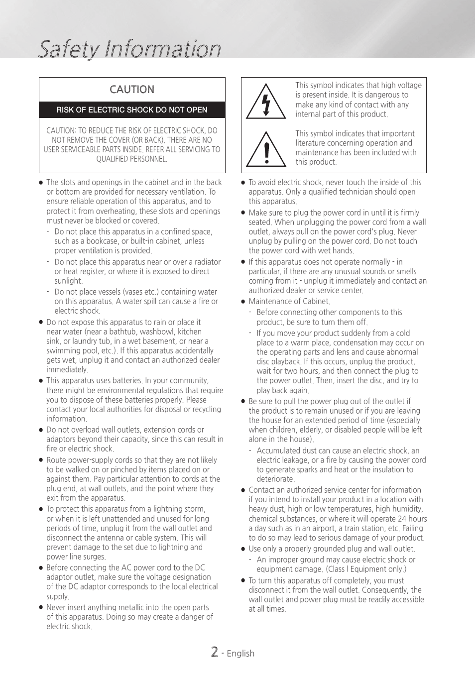 Safety information, Caution | Samsung HT-H4500-ZA User Manual | Page 2 / 43