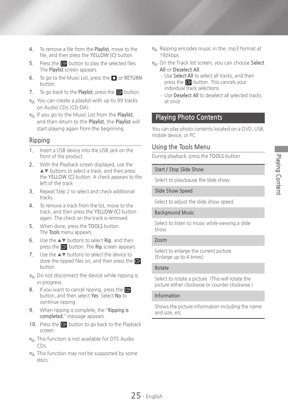 Playing photo contents, 25 playing photo contents | Samsung HT-H4500-ZA User Manual | Page 25 / 43