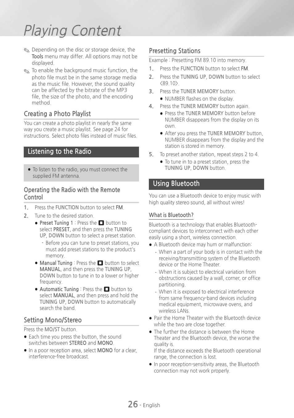 Listening to the radio, Using bluetooth, 26 listening to the radio 26 using bluetooth | Playing content, Creating a photo playlist, Setting mono/stereo, Presetting stations | Samsung HT-H4500-ZA User Manual | Page 26 / 43