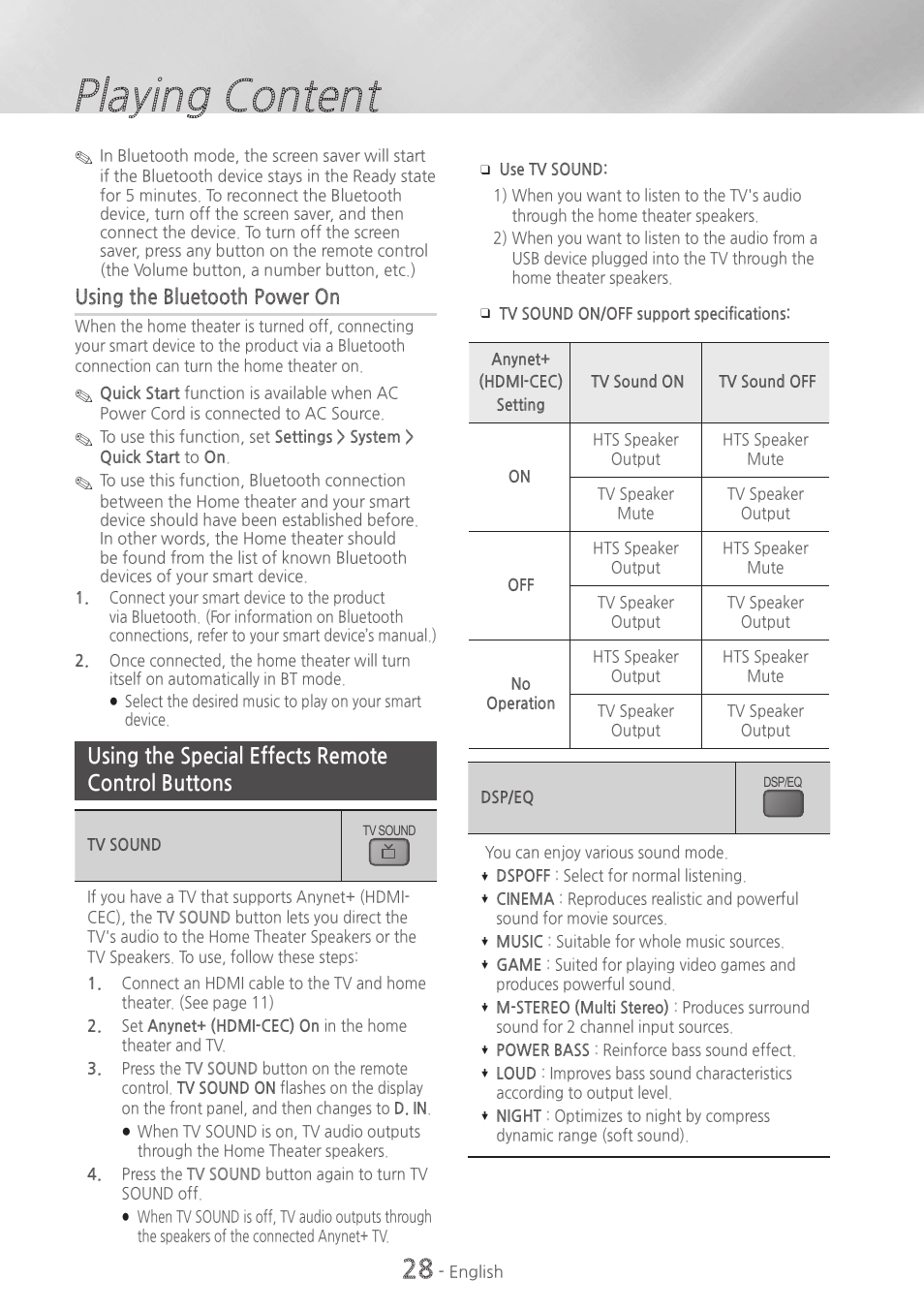 Using the special effects remote control buttons, 28 using the special effects remote control, Buttons | Playing content, Using the bluetooth power on | Samsung HT-H4500-ZA User Manual | Page 28 / 43