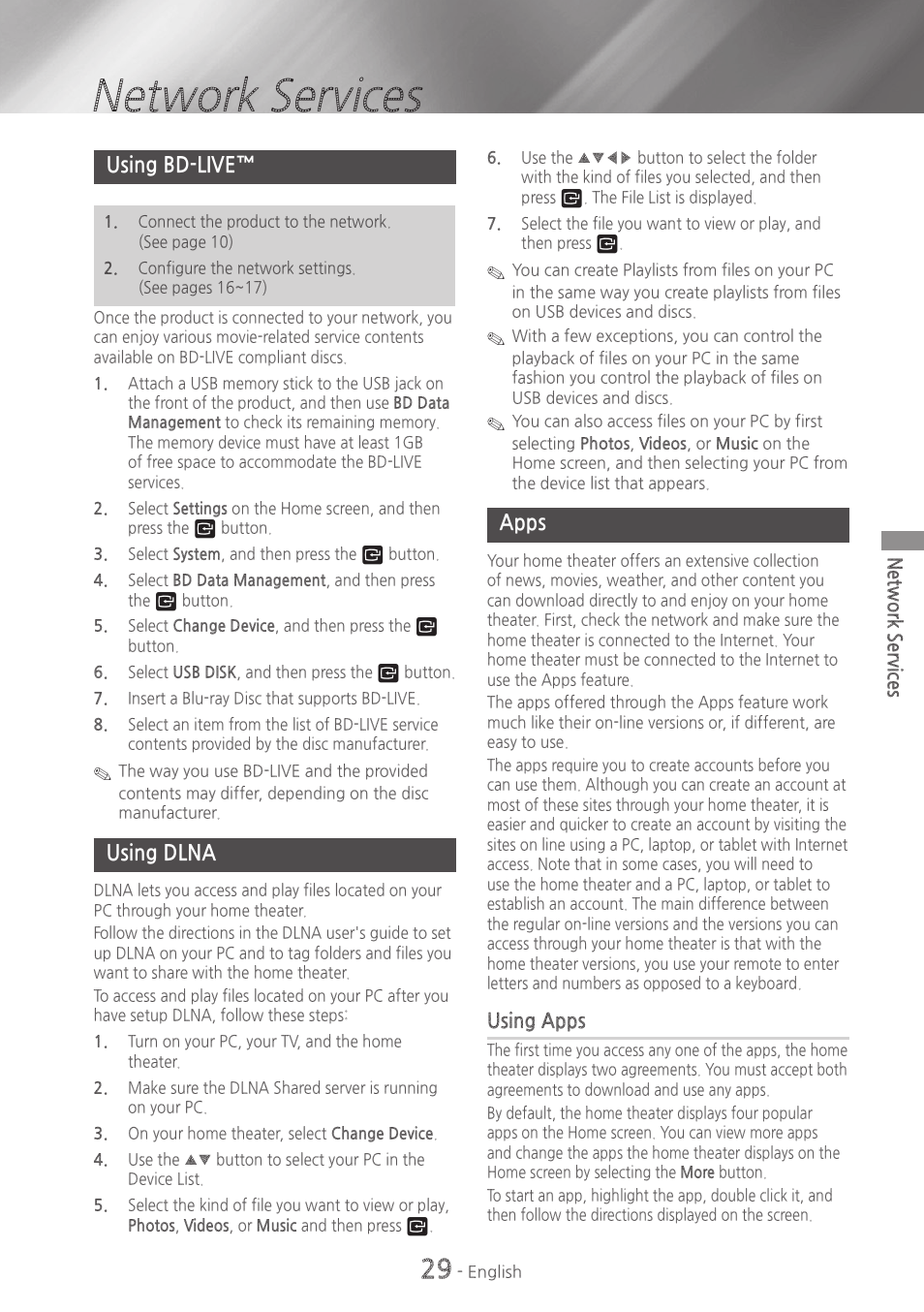 Network services, Using bd-live, Using dlna | Apps, 29 using bd-live™ 29 using dlna 29 apps | Samsung HT-H4500-ZA User Manual | Page 29 / 43