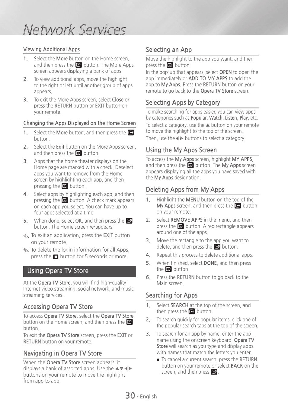 Using opera tv store, 30 using opera tv store, Network services | Samsung HT-H4500-ZA User Manual | Page 30 / 43