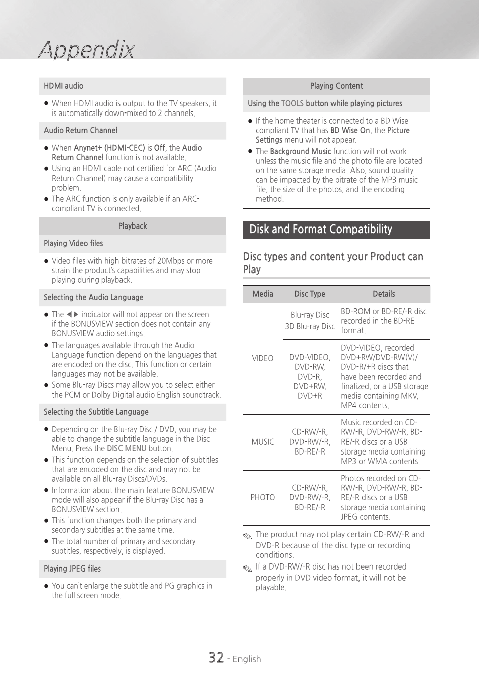 Disk and format compatibility, 32 disk and format compatibility, Appendix | Disc types and content your product can play | Samsung HT-H4500-ZA User Manual | Page 32 / 43