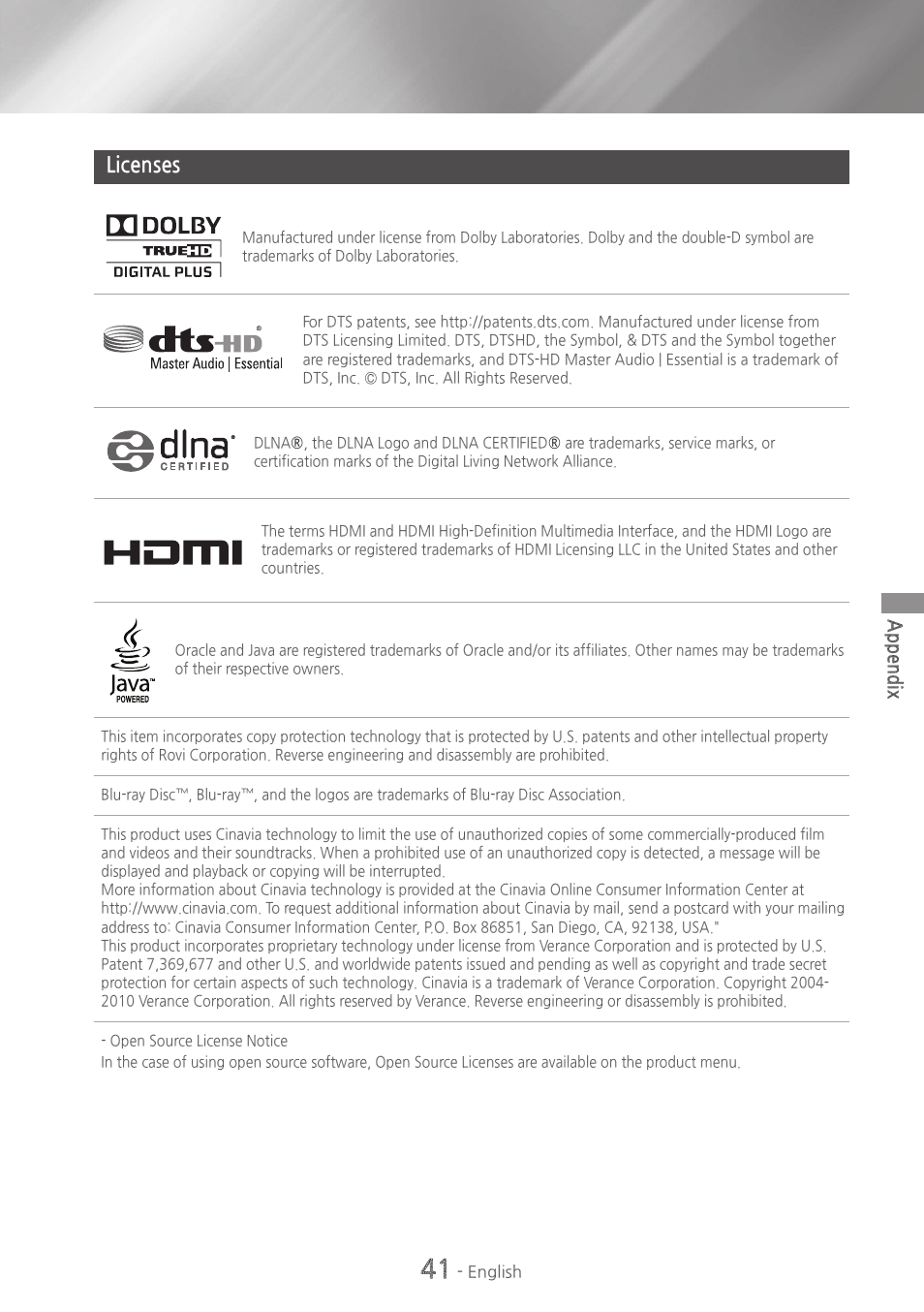 Licenses, 41 licenses | Samsung HT-H4500-ZA User Manual | Page 41 / 43