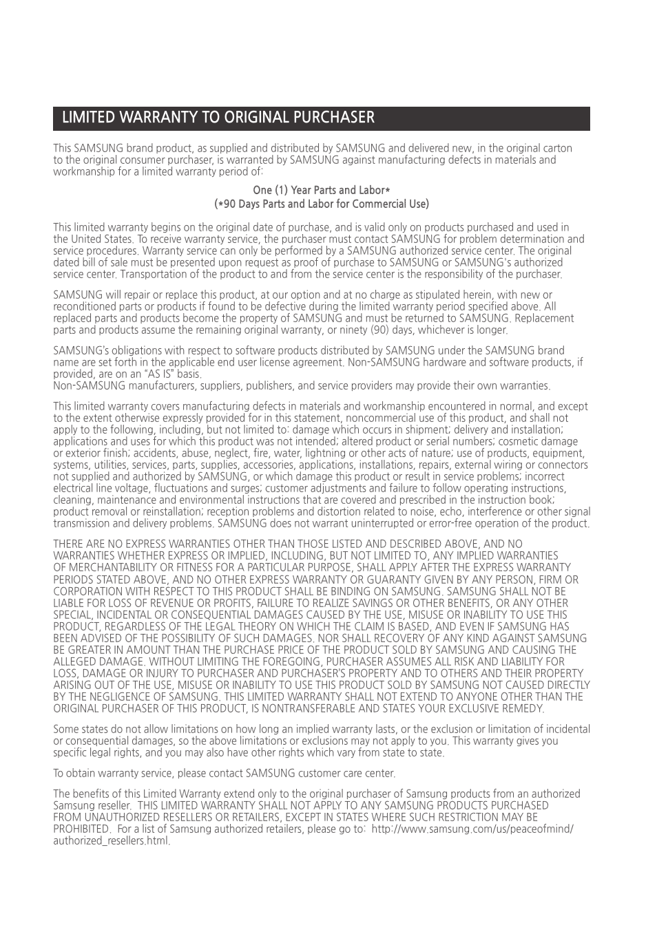Limited warranty to original purchaser | Samsung HT-H4500-ZA User Manual | Page 42 / 43