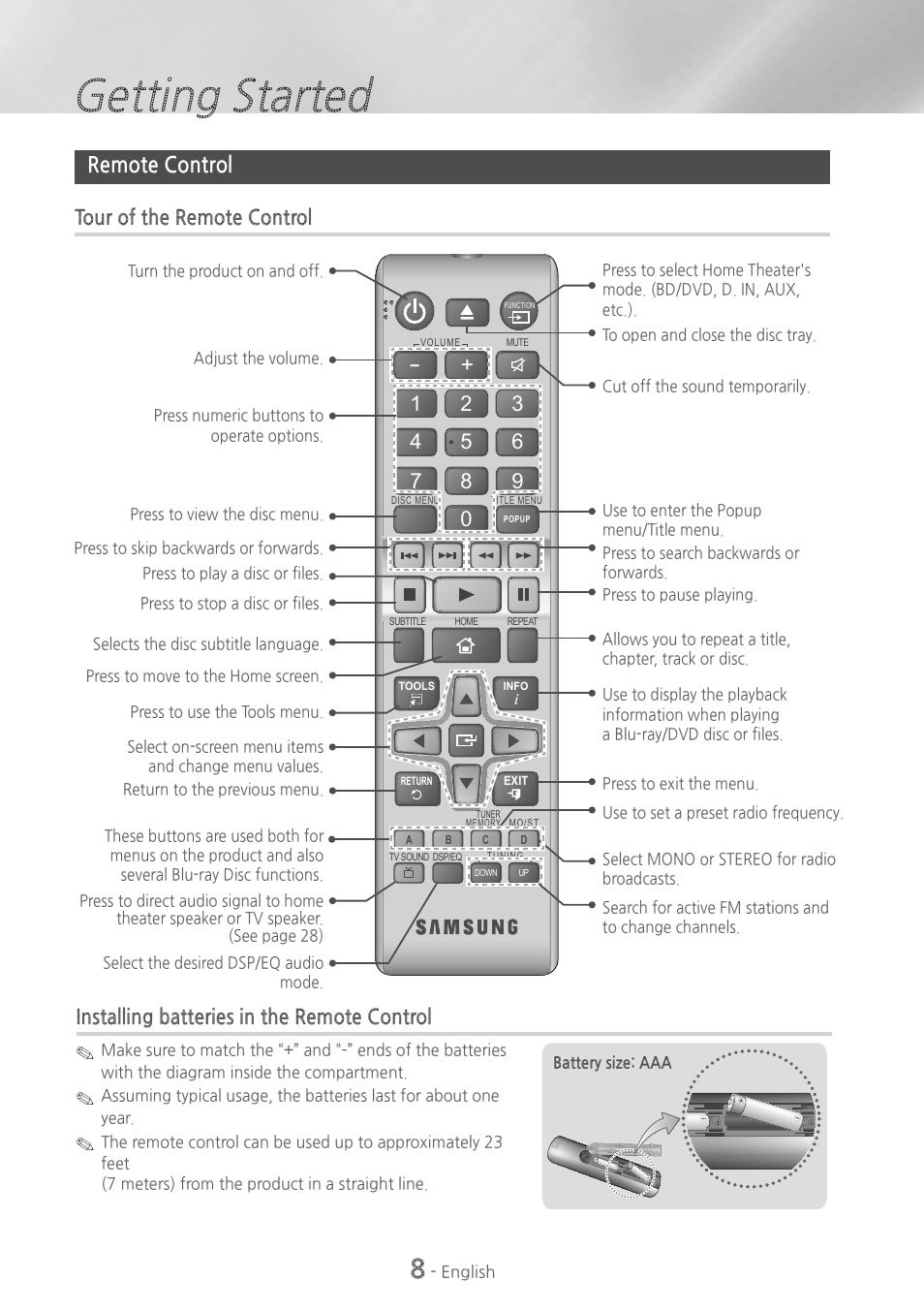 Remote control, 8 remote control, Getting started | Installing batteries in the remote control, Tour of the remote control | Samsung HT-H4500-ZA User Manual | Page 8 / 43