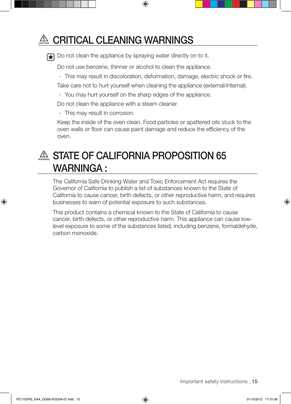 Critical cleaning warnings, State of california proposition 65 warninga | Samsung FE710DRS-XAA User Manual | Page 15 / 72