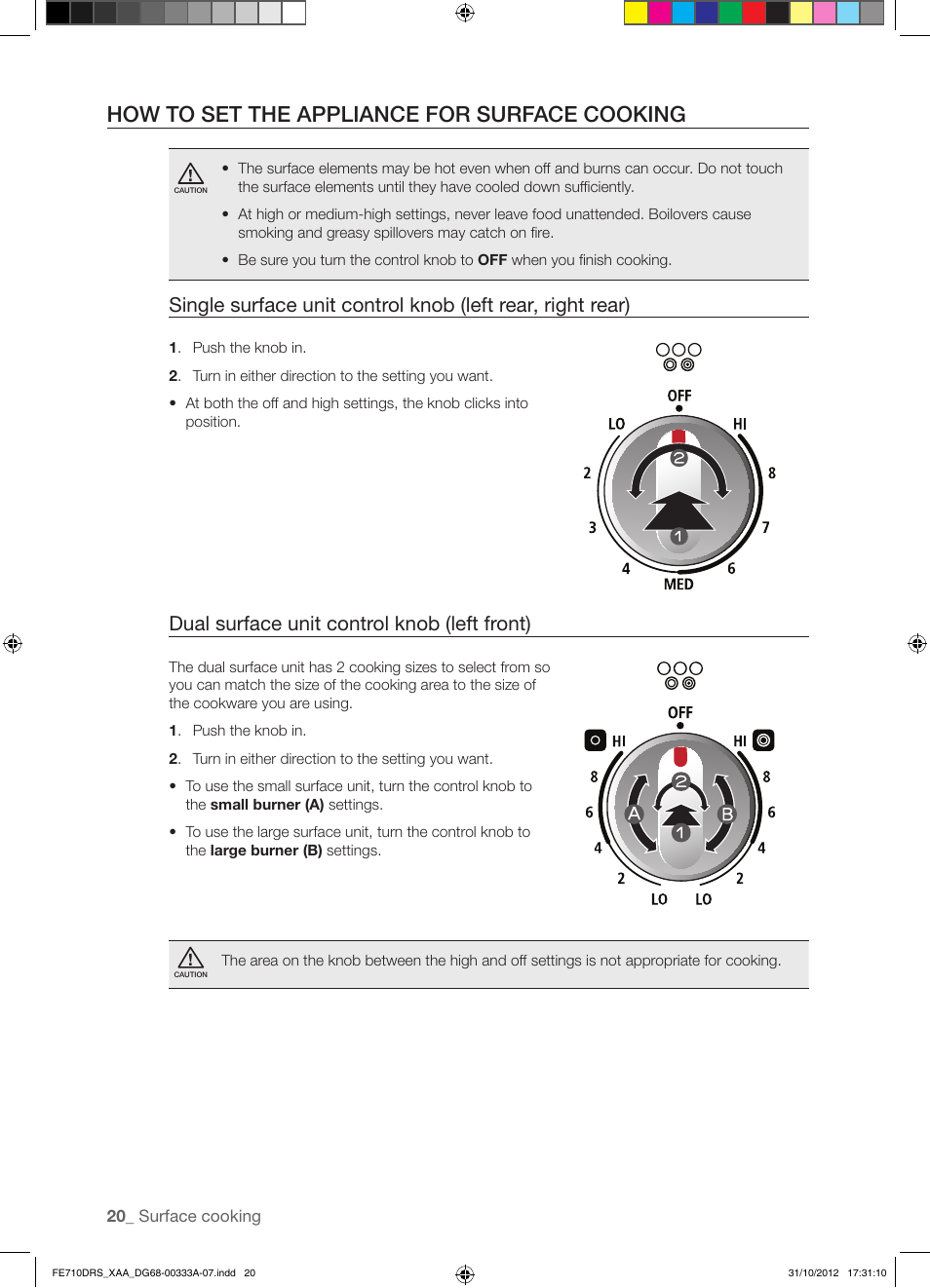 How to set the appliance for surface cooking, Dual surface unit control knob (left front) | Samsung FE710DRS-XAA User Manual | Page 20 / 72