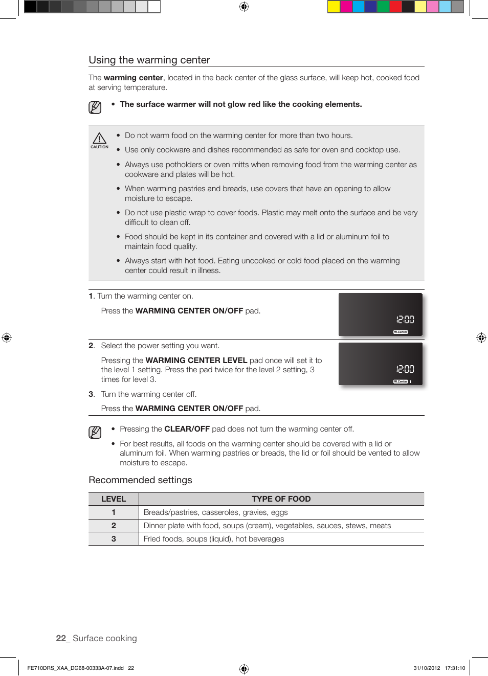 Using the warming center, Recommended settings | Samsung FE710DRS-XAA User Manual | Page 22 / 72