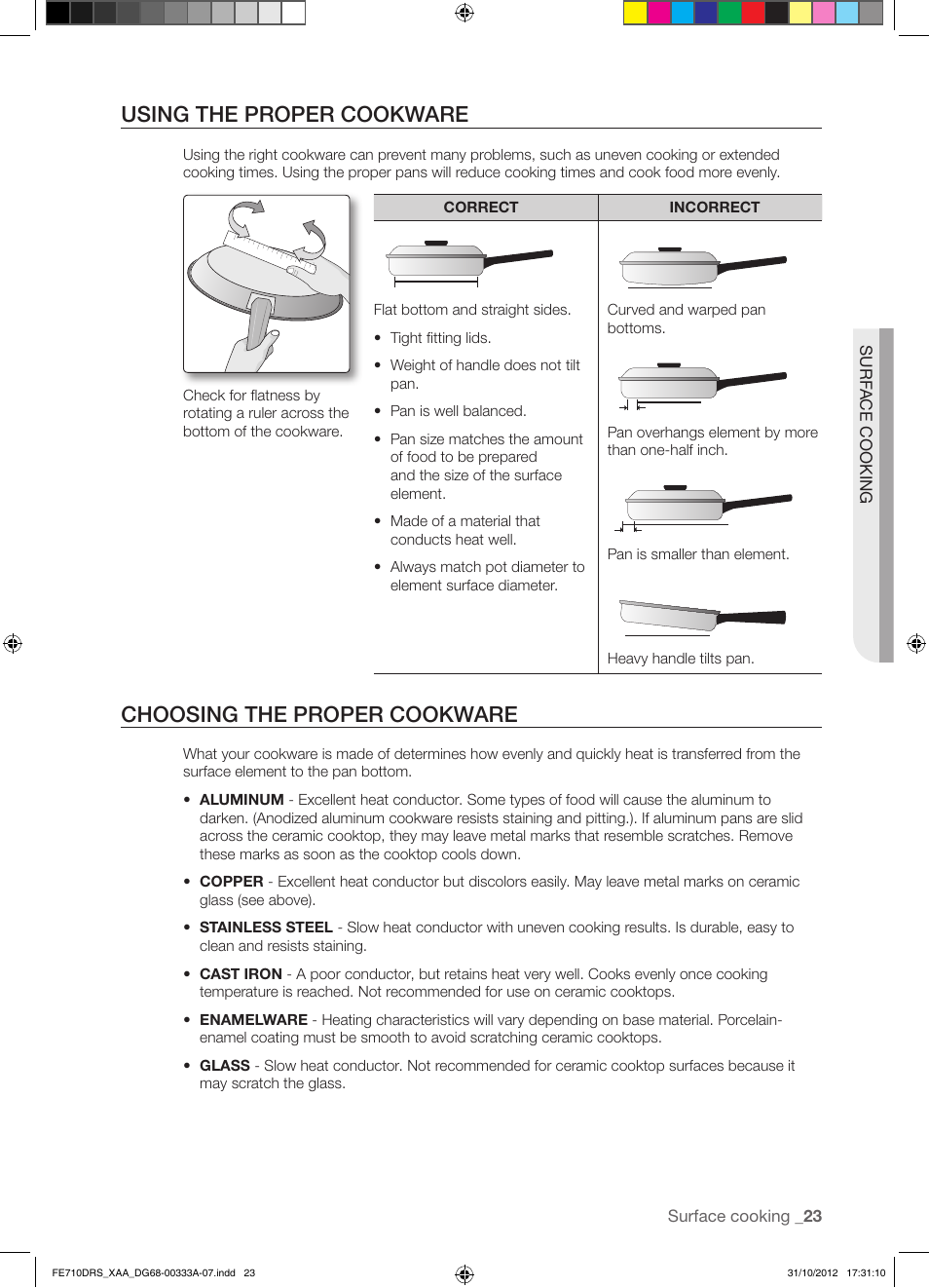 Using the proper cookware, Choosing the proper cookware | Samsung FE710DRS-XAA User Manual | Page 23 / 72