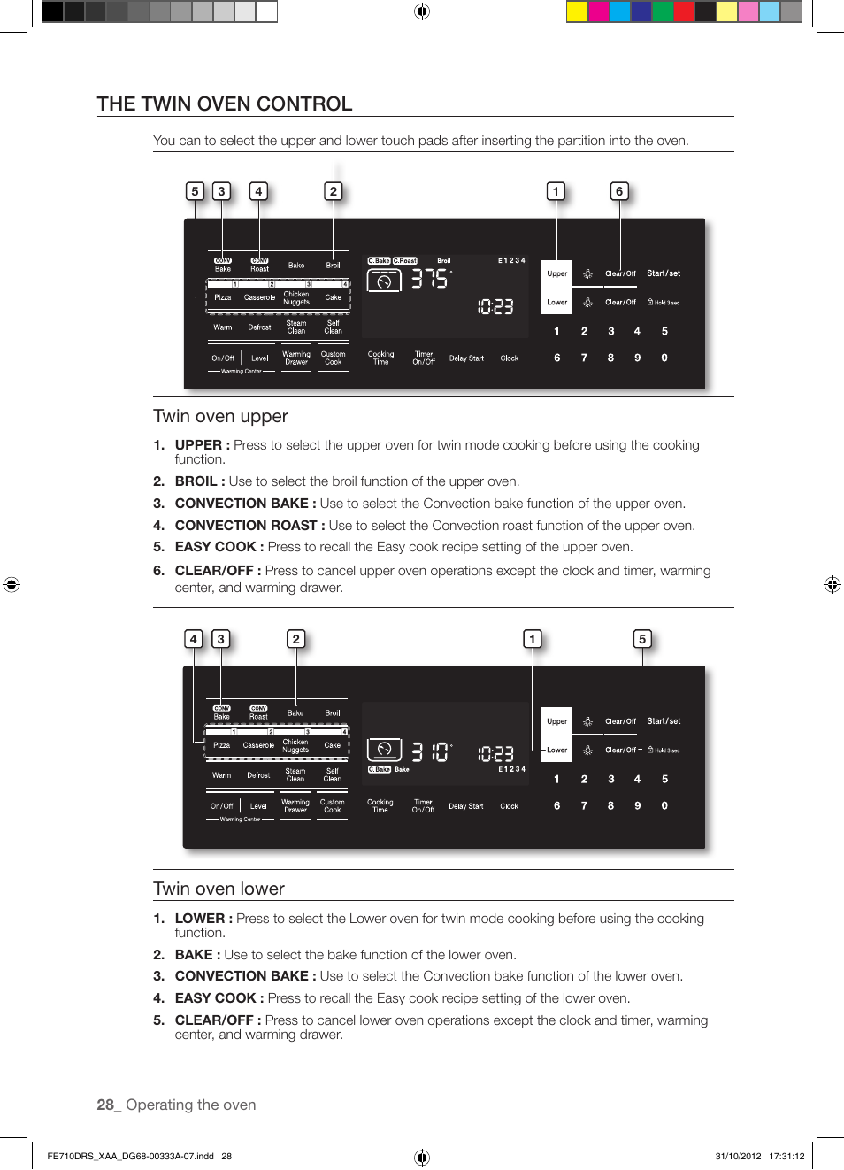 The twin oven control, Twin oven upper, Twin oven lower | Samsung FE710DRS-XAA User Manual | Page 28 / 72