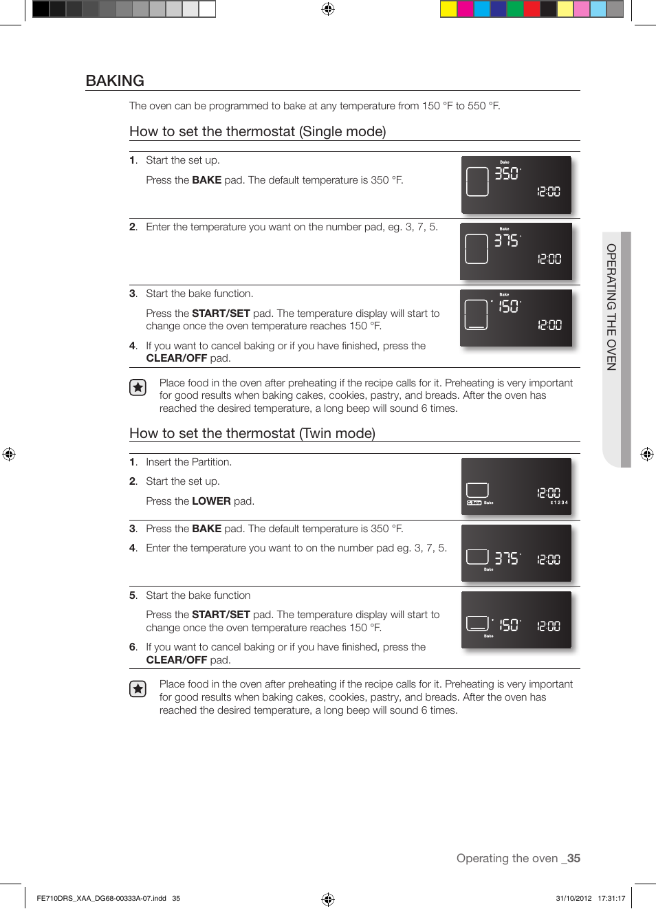 Baking, How to set the thermostat (single mode), How to set the thermostat (twin mode) | Samsung FE710DRS-XAA User Manual | Page 35 / 72