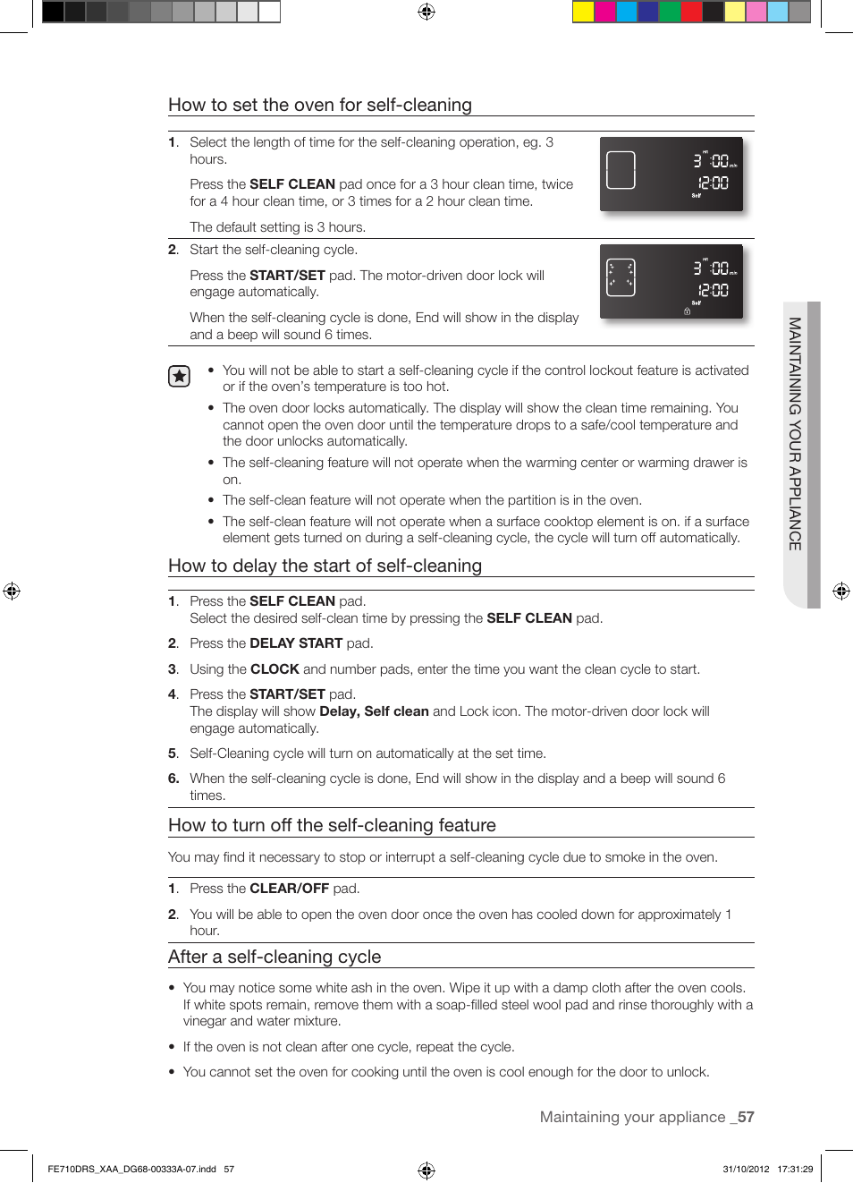 How to set the oven for self-cleaning, How to delay the start of self-cleaning, How to turn off the self-cleaning feature | After a self-cleaning cycle | Samsung FE710DRS-XAA User Manual | Page 57 / 72