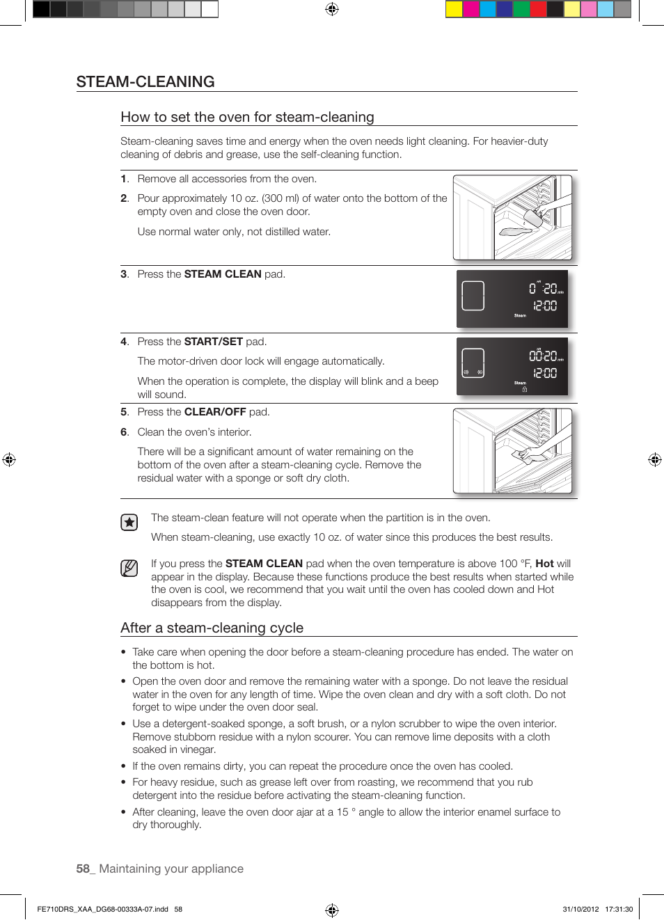 Steam-cleaning, How to set the oven for steam-cleaning, After a steam-cleaning cycle | Samsung FE710DRS-XAA User Manual | Page 58 / 72