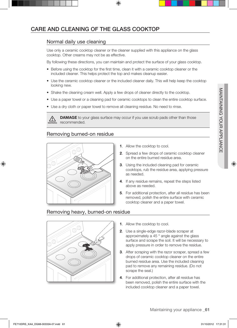 Care and cleaning of the glass cooktop, Normal daily use cleaning, Removing burned-on residue | Removing heavy, burned-on residue | Samsung FE710DRS-XAA User Manual | Page 61 / 72