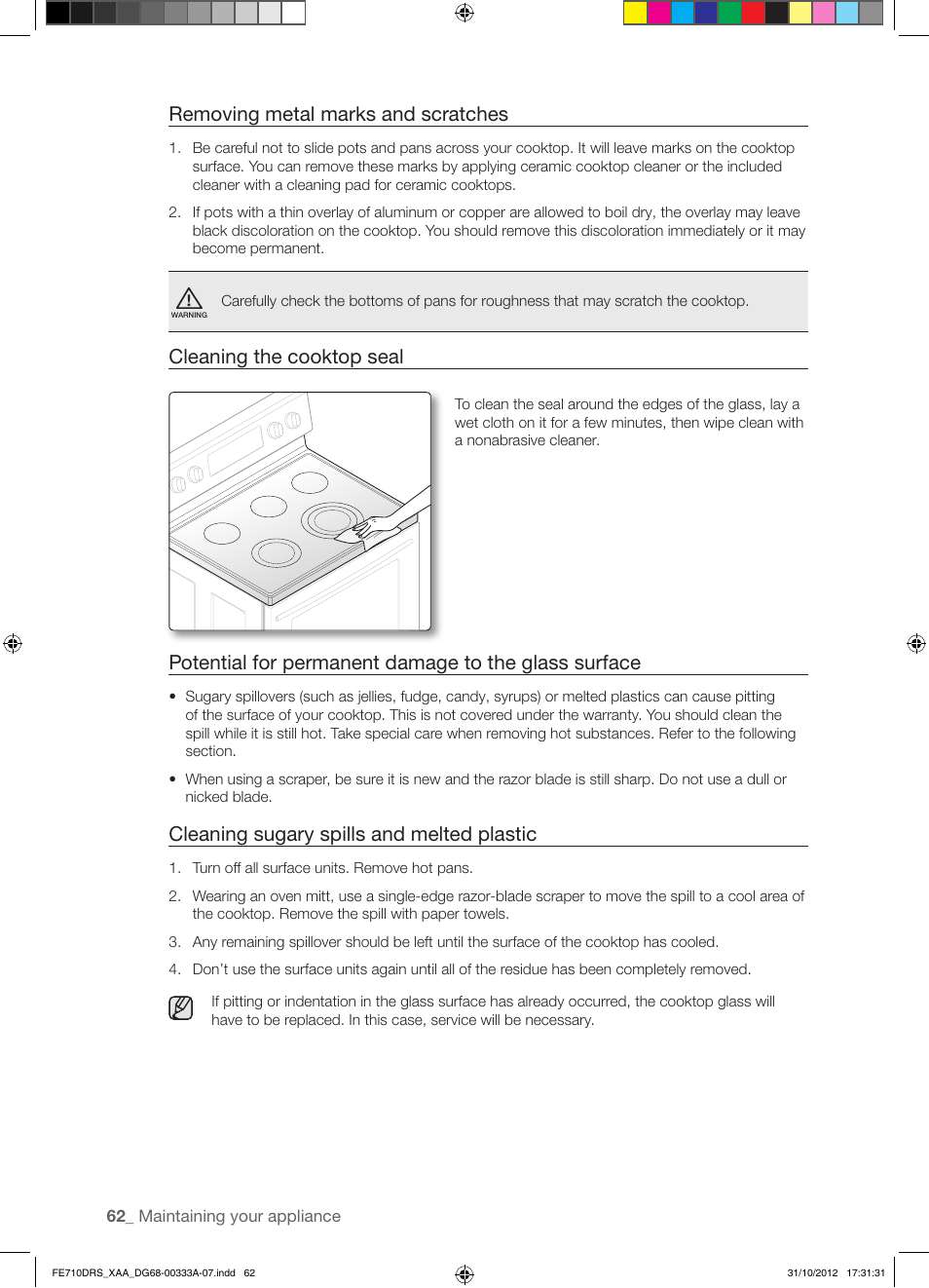 Removing metal marks and scratches, Cleaning the cooktop seal, Cleaning sugary spills and melted plastic | Samsung FE710DRS-XAA User Manual | Page 62 / 72