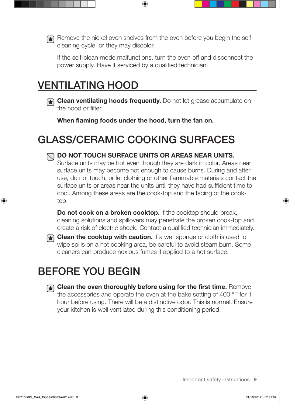 Ventilating hood, Glass/ceramic cooking surfaces, Before you begin | Samsung FE710DRS-XAA User Manual | Page 9 / 72