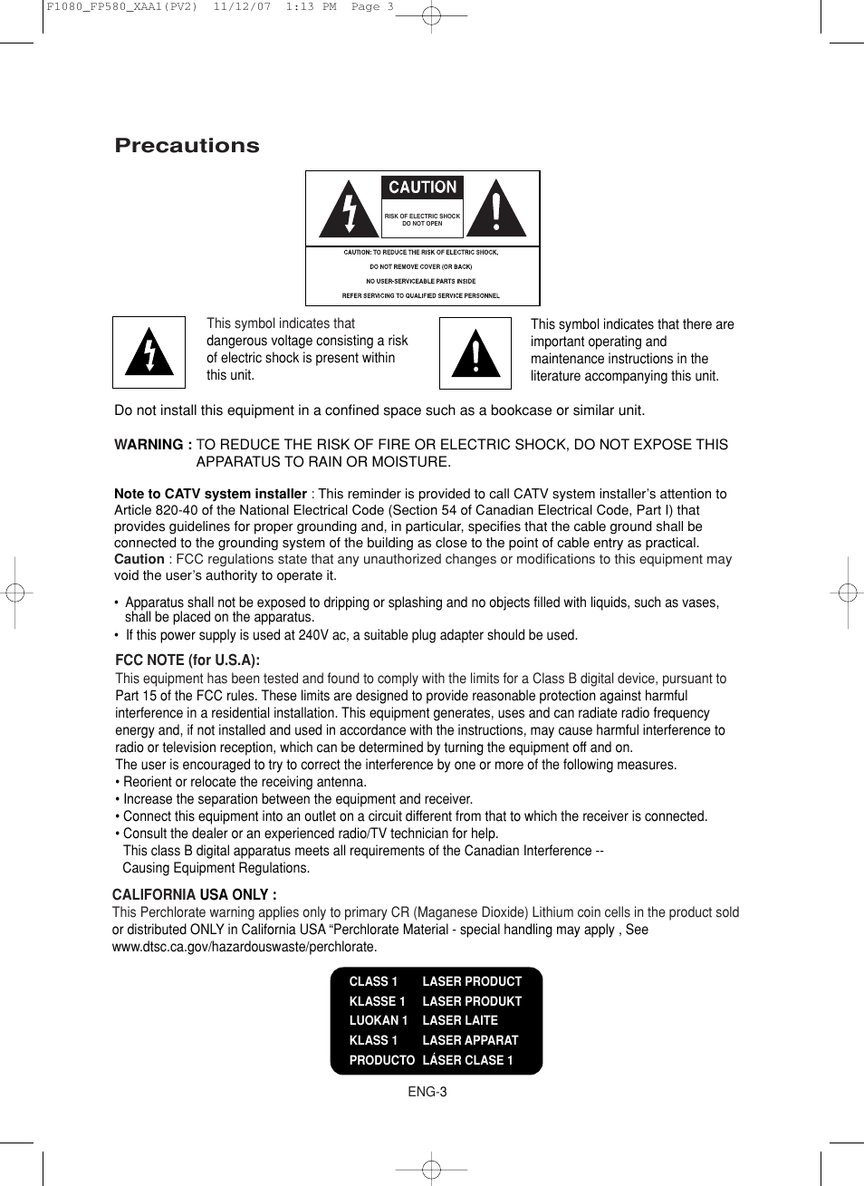 Precautions | Samsung DVD-F1080-XAA User Manual | Page 3 / 63