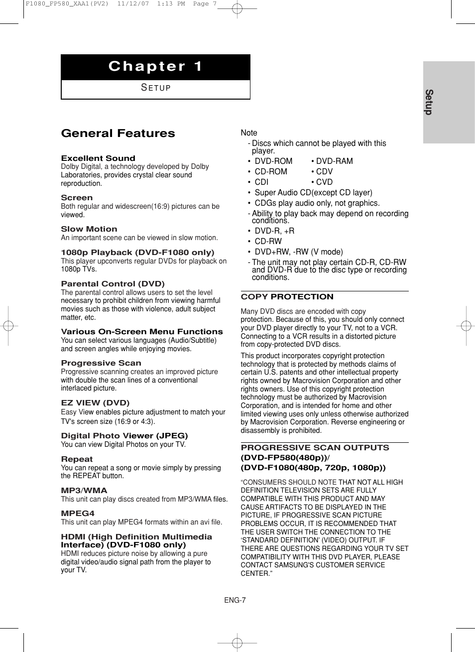 Chapter 1 : setup, General features, Setup | Samsung DVD-F1080-XAA User Manual | Page 7 / 63