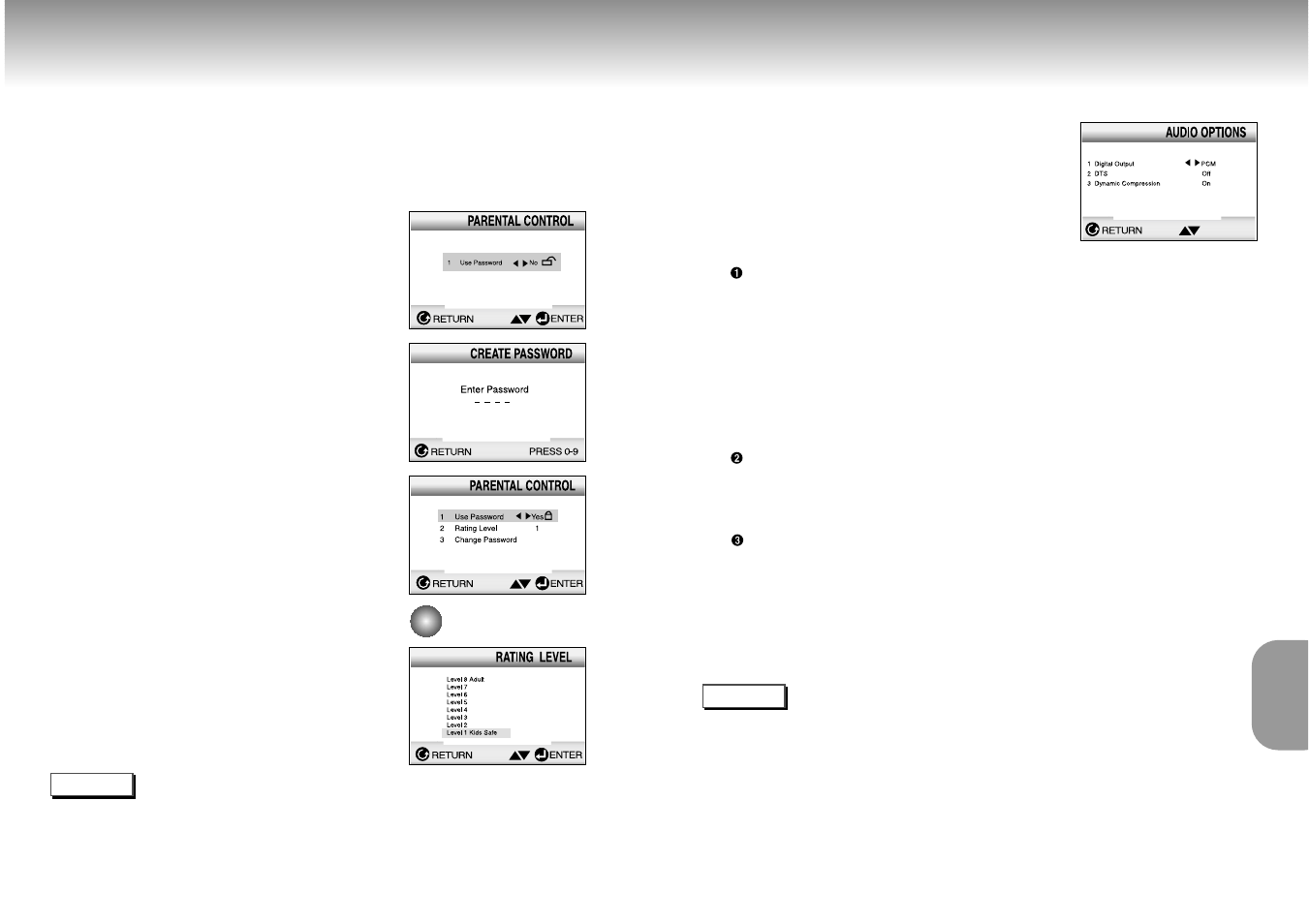 Setting up the parental control, Setting up the audio options | Samsung DVD-M101-XAA User Manual | Page 17 / 20
