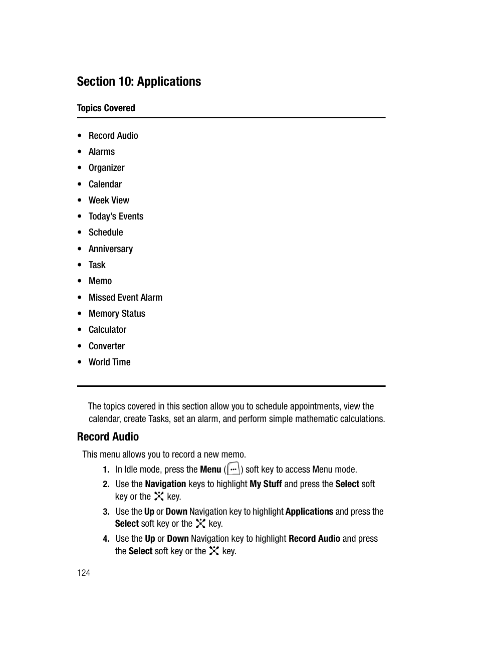 Section 10: applications, Record audio | Samsung SGH-ZX20ZKACIN User Manual | Page 124 / 179