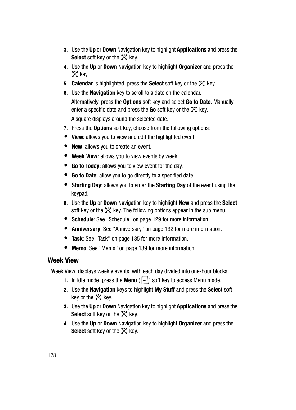 Week view | Samsung SGH-ZX20ZKACIN User Manual | Page 128 / 179