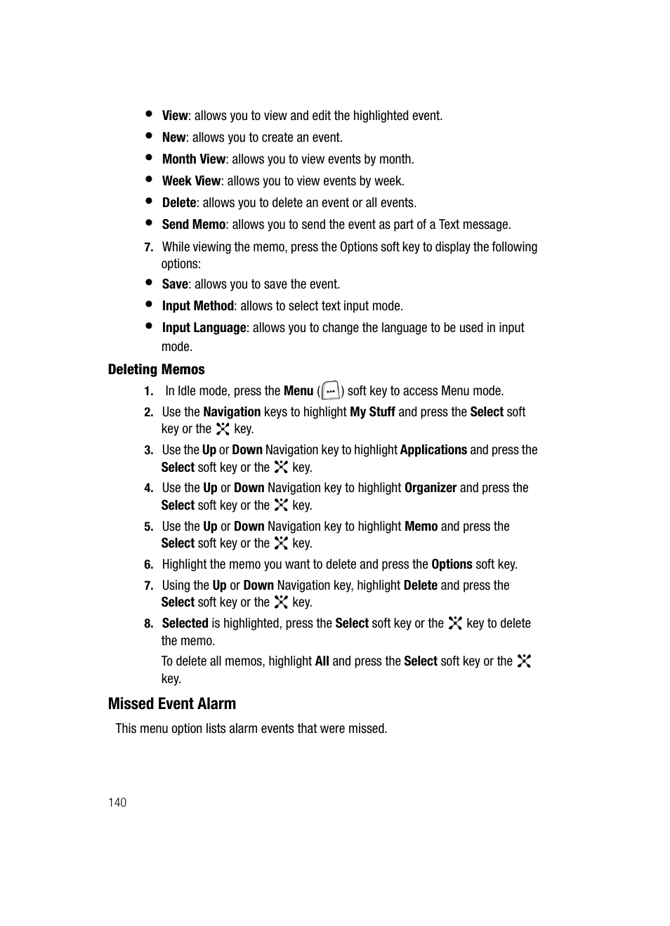 Missed event alarm | Samsung SGH-ZX20ZKACIN User Manual | Page 140 / 179