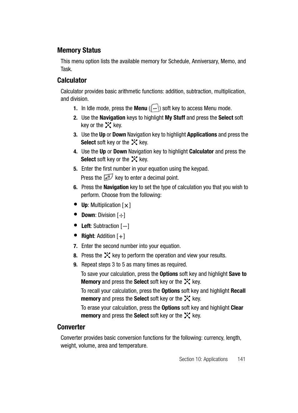 Memory status calculator converter, Calculator, Converter | Samsung SGH-ZX20ZKACIN User Manual | Page 141 / 179