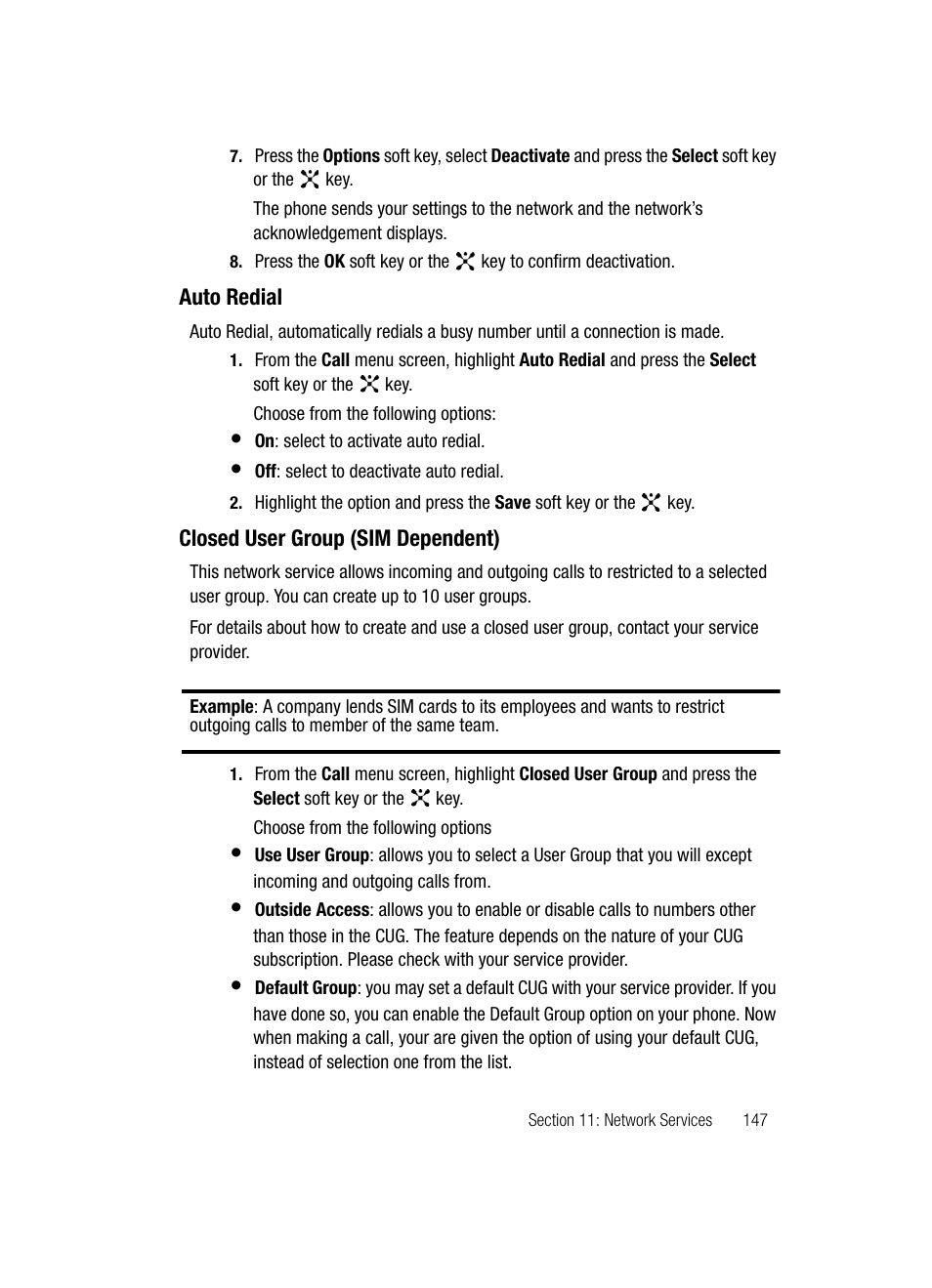 Auto redial closed user group (sim dependent) | Samsung SGH-ZX20ZKACIN User Manual | Page 147 / 179