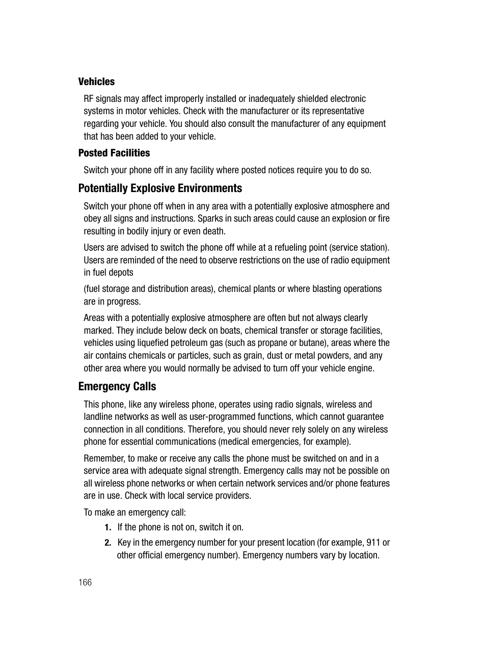 Potentially explosive environments emergency calls, Potentially explosive environments, Emergency calls | Samsung SGH-ZX20ZKACIN User Manual | Page 166 / 179