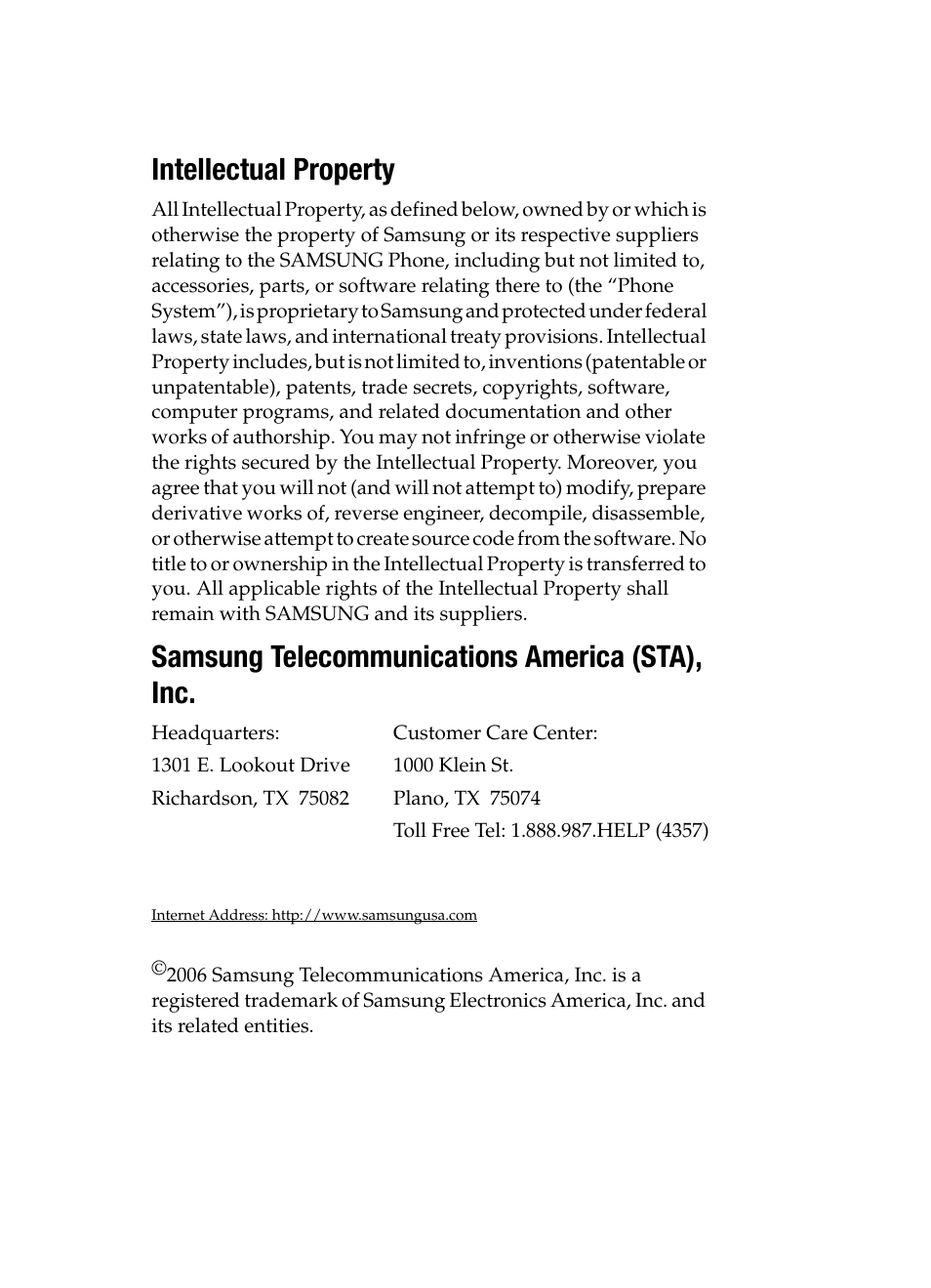 Intellectual property, Samsung telecommunications america (sta), inc | Samsung SGH-ZX20ZKACIN User Manual | Page 2 / 179