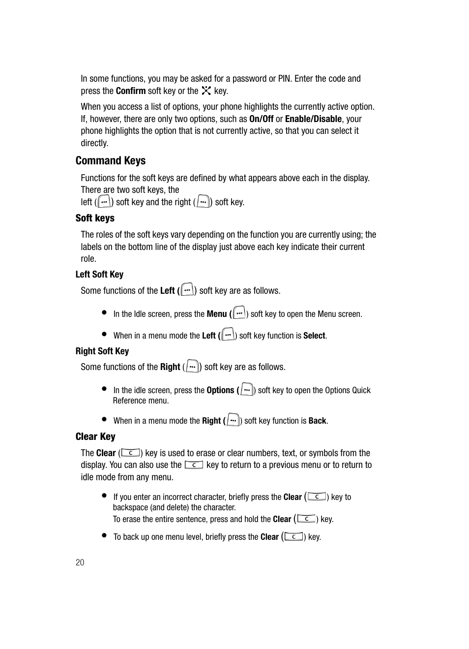 Command keys | Samsung SGH-ZX20ZKACIN User Manual | Page 20 / 179