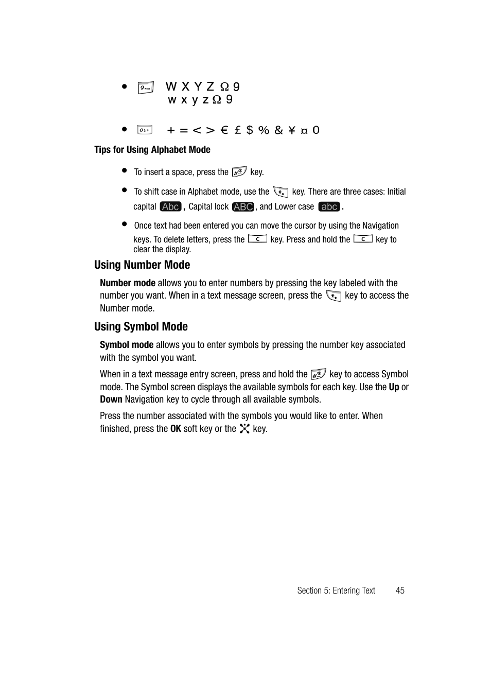 Using number mode using symbol mode, Using number mode, Using symbol mode | Samsung SGH-ZX20ZKACIN User Manual | Page 45 / 179