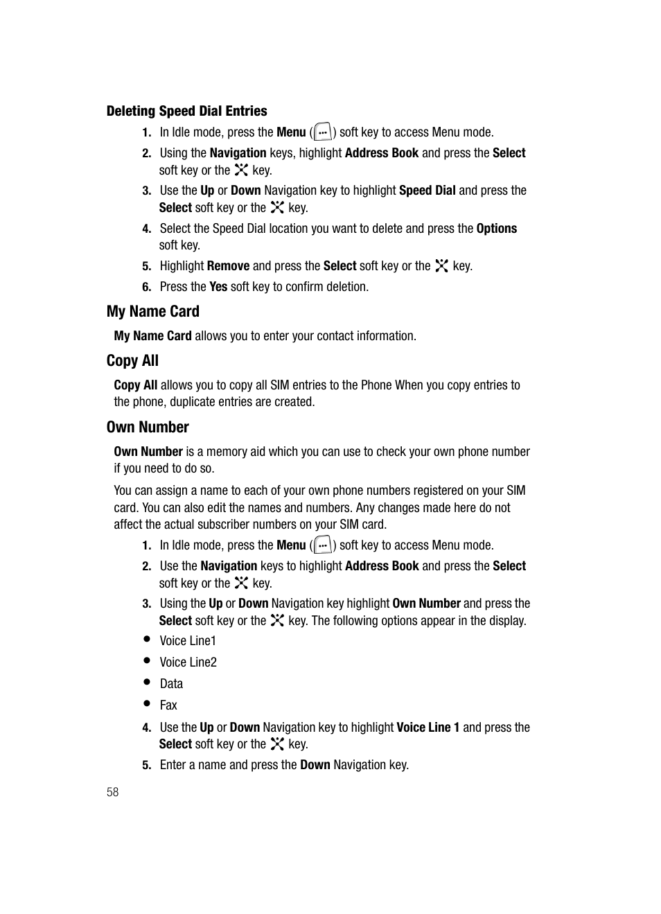 My name card copy all, Own number, My name card | Copy all | Samsung SGH-ZX20ZKACIN User Manual | Page 58 / 179