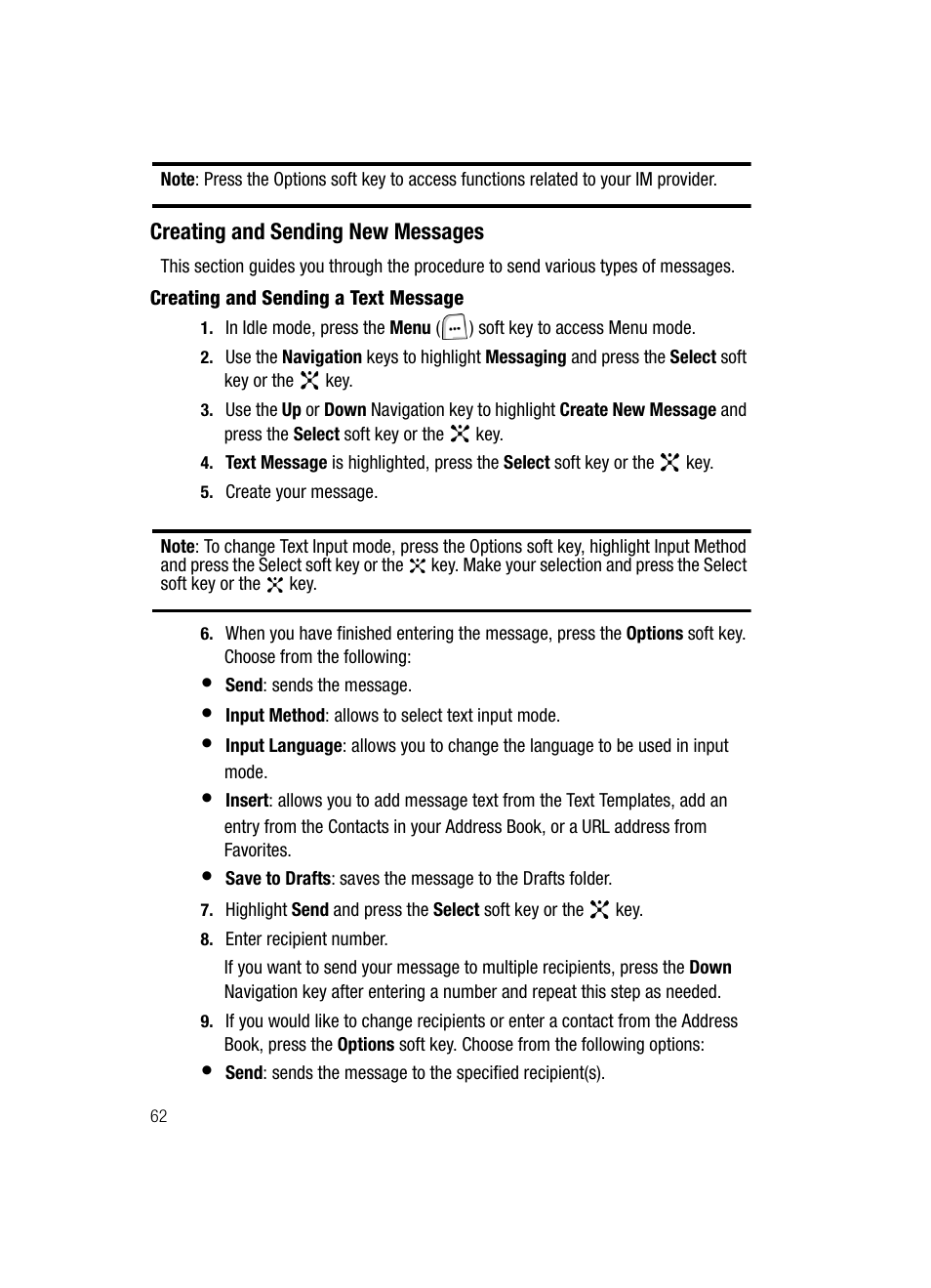 Creating and sending new messages | Samsung SGH-ZX20ZKACIN User Manual | Page 62 / 179
