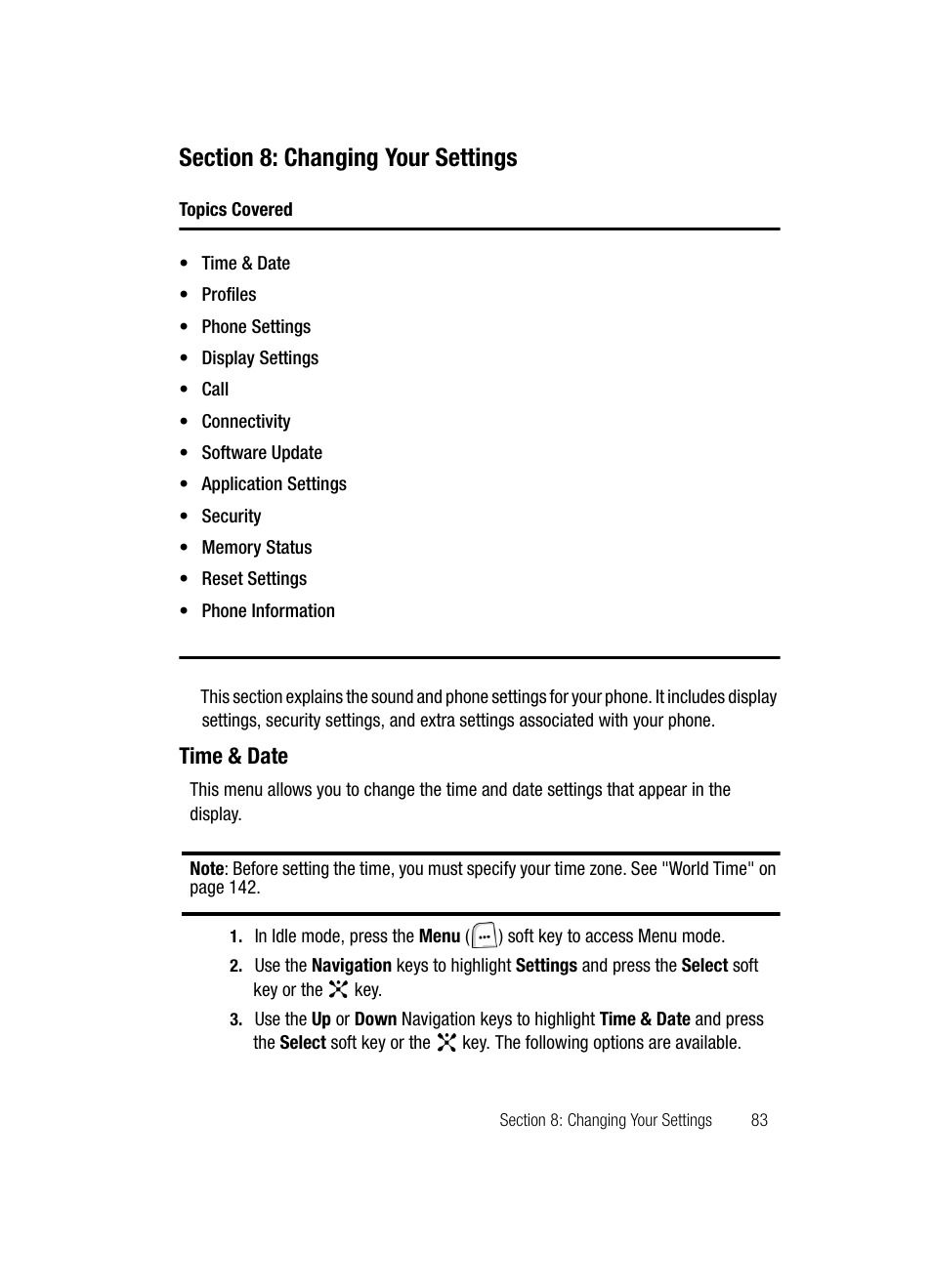Section 8: changing your settings, Time & date | Samsung SGH-ZX20ZKACIN User Manual | Page 83 / 179
