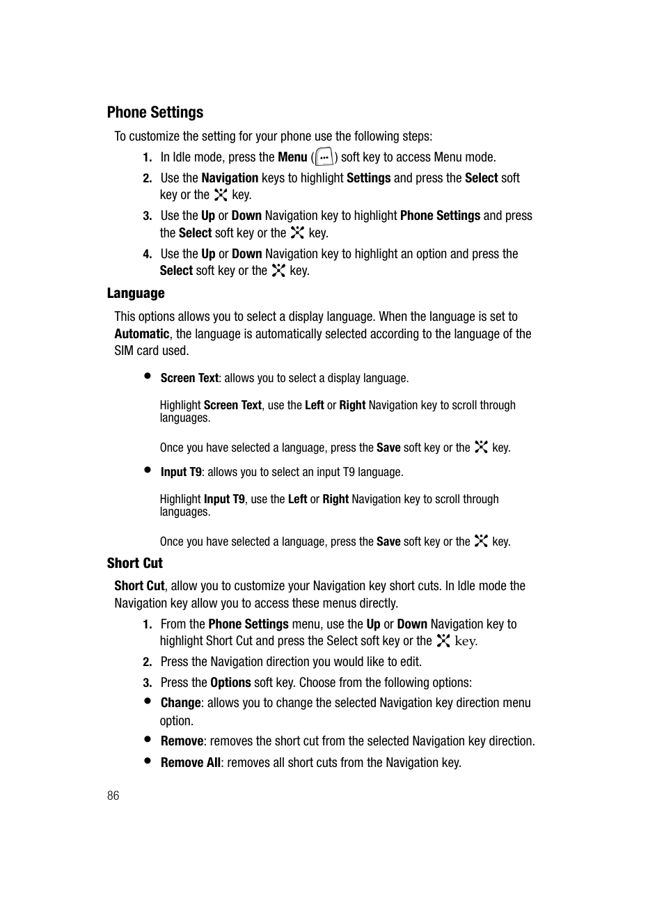 Phone settings | Samsung SGH-ZX20ZKACIN User Manual | Page 86 / 179