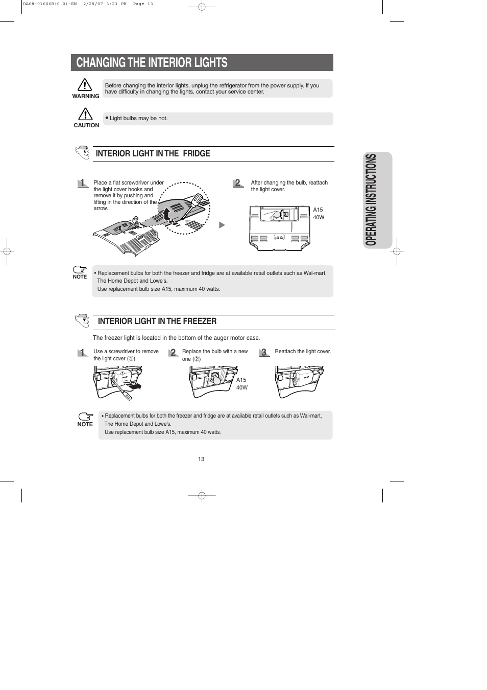 Changing the interior lights, Opera ting instr uctions | Samsung RS2530BWP-XAC User Manual | Page 13 / 30