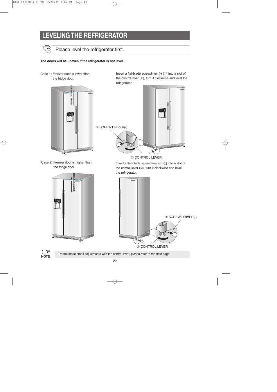 Leveling the refrigerator, Please level the refrigerator first | Samsung RS2530BWP-XAC User Manual | Page 22 / 30